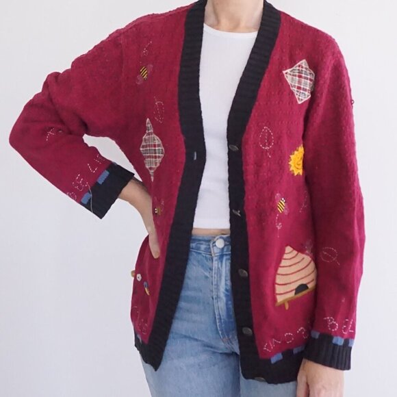 Vintage Quacker Factory Maroon Knit Embroidered Button Knit Cardigan Sweater M - Picture 1 of 11